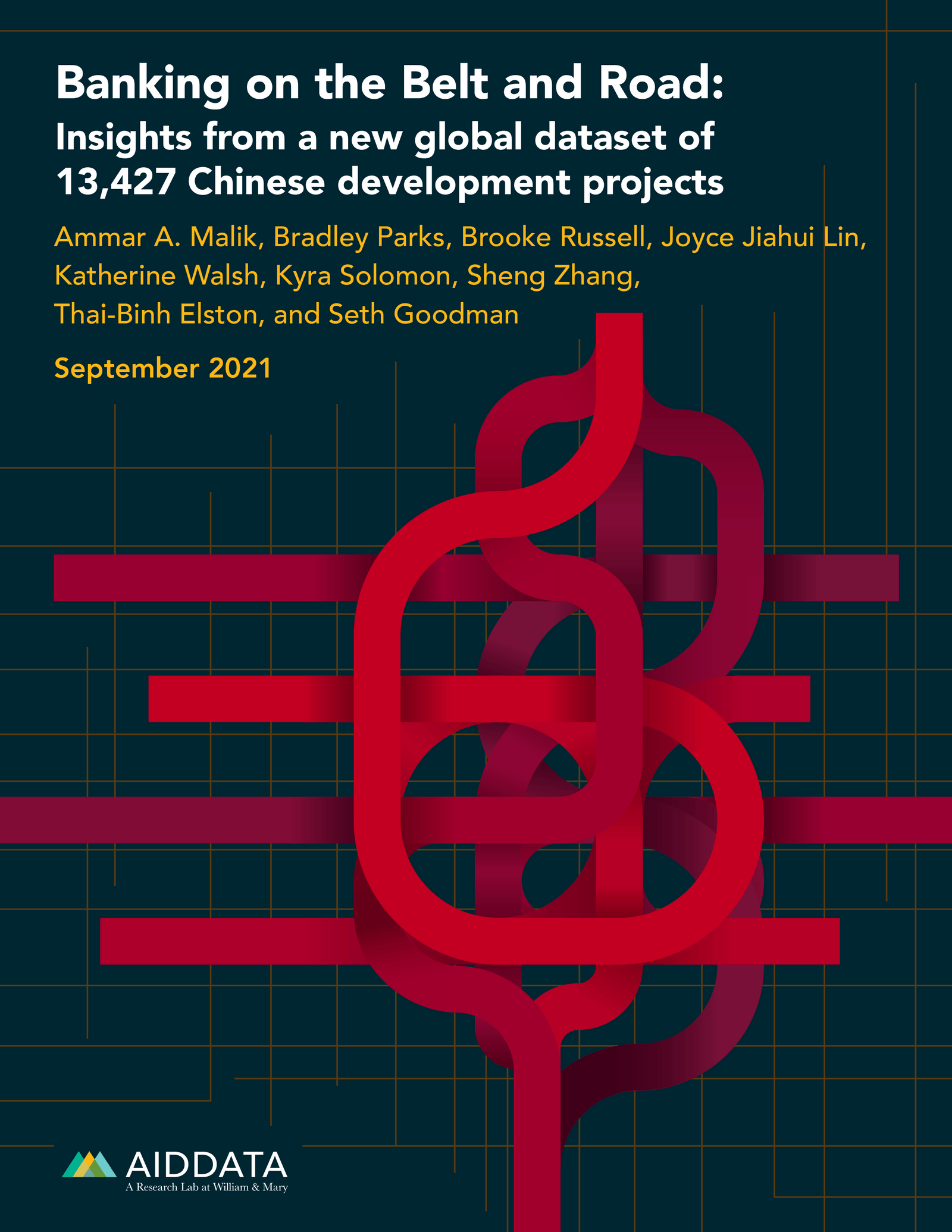Image is the cover of a report, with the title saying "Banking on the Belt and Road: Insights from a new global dataset of 13,427 Chinese development projects". It then lists the authors and release date.